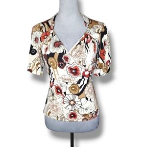 True Light Vintage 70s Floral Wrap Blouse Tie Back Bow USA Groovy Retro Sz L